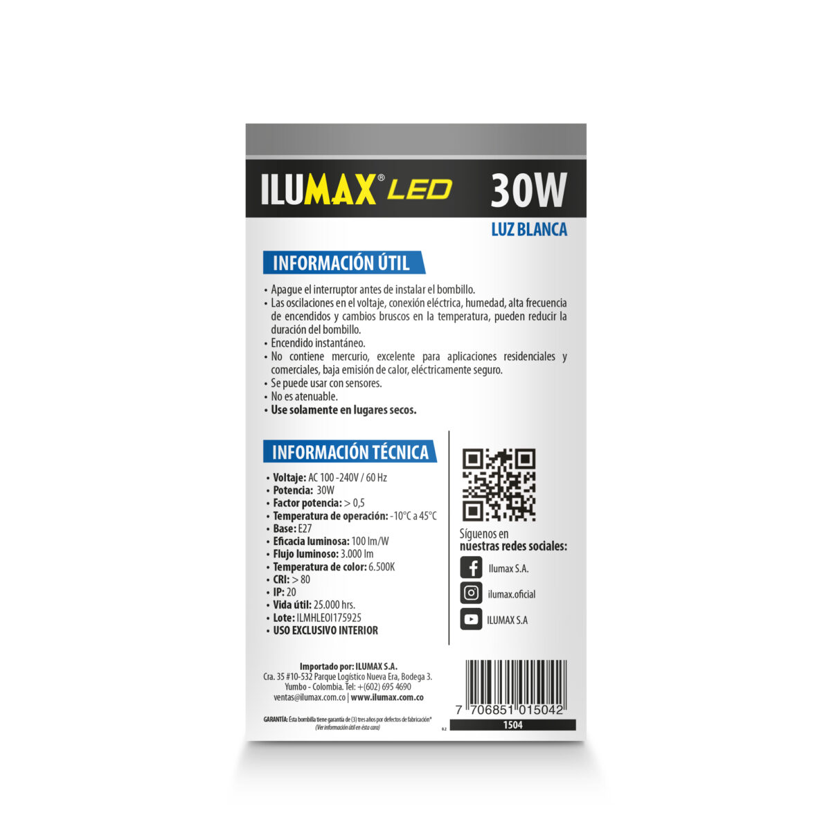 Bombillo LED 30W Alta Potencia Luz Blanca E27 - Imagen 3
