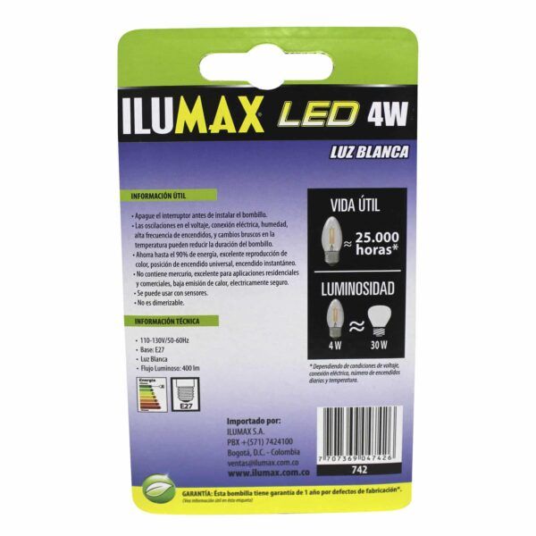 Velita LED 4W Filamento Luz Blanca E27 742 2