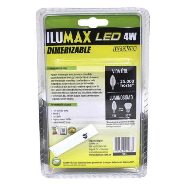 Velita LED 4W Filamento Dimerizable Luz Calida E14 983 2