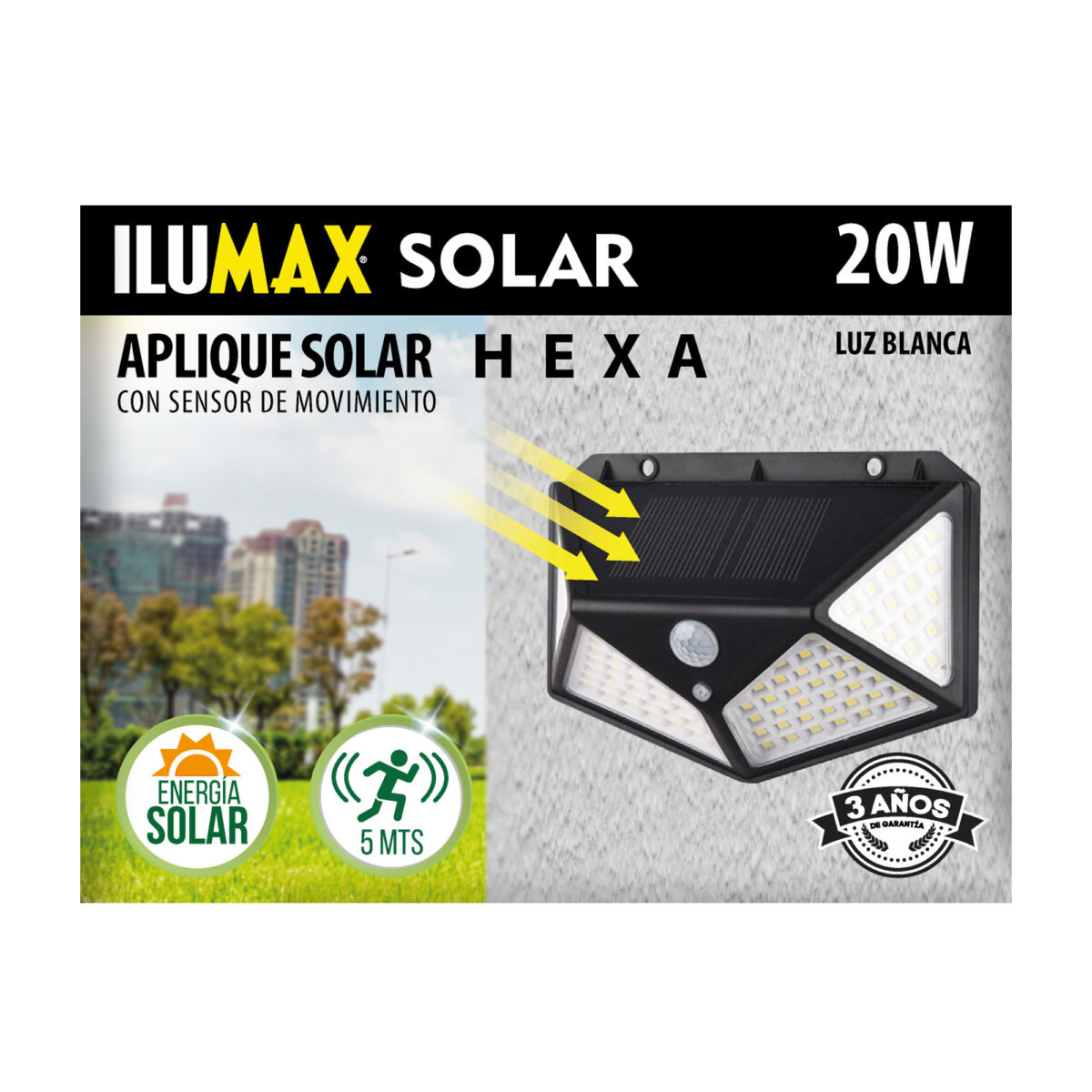 2265-FRENTE Aplique Solar Led Con Sensor Movimiento 20W Luz Blanca - Imagen 1