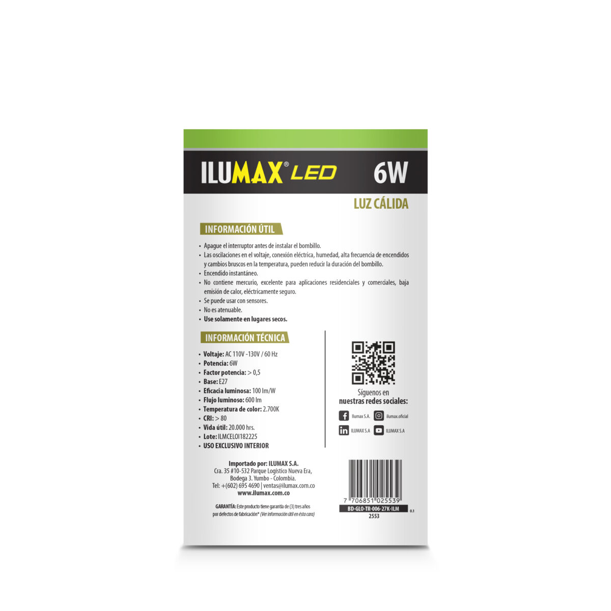 BOMBILLO LED FILAMENTO TIPO GLOBO 6W - Imagen 3