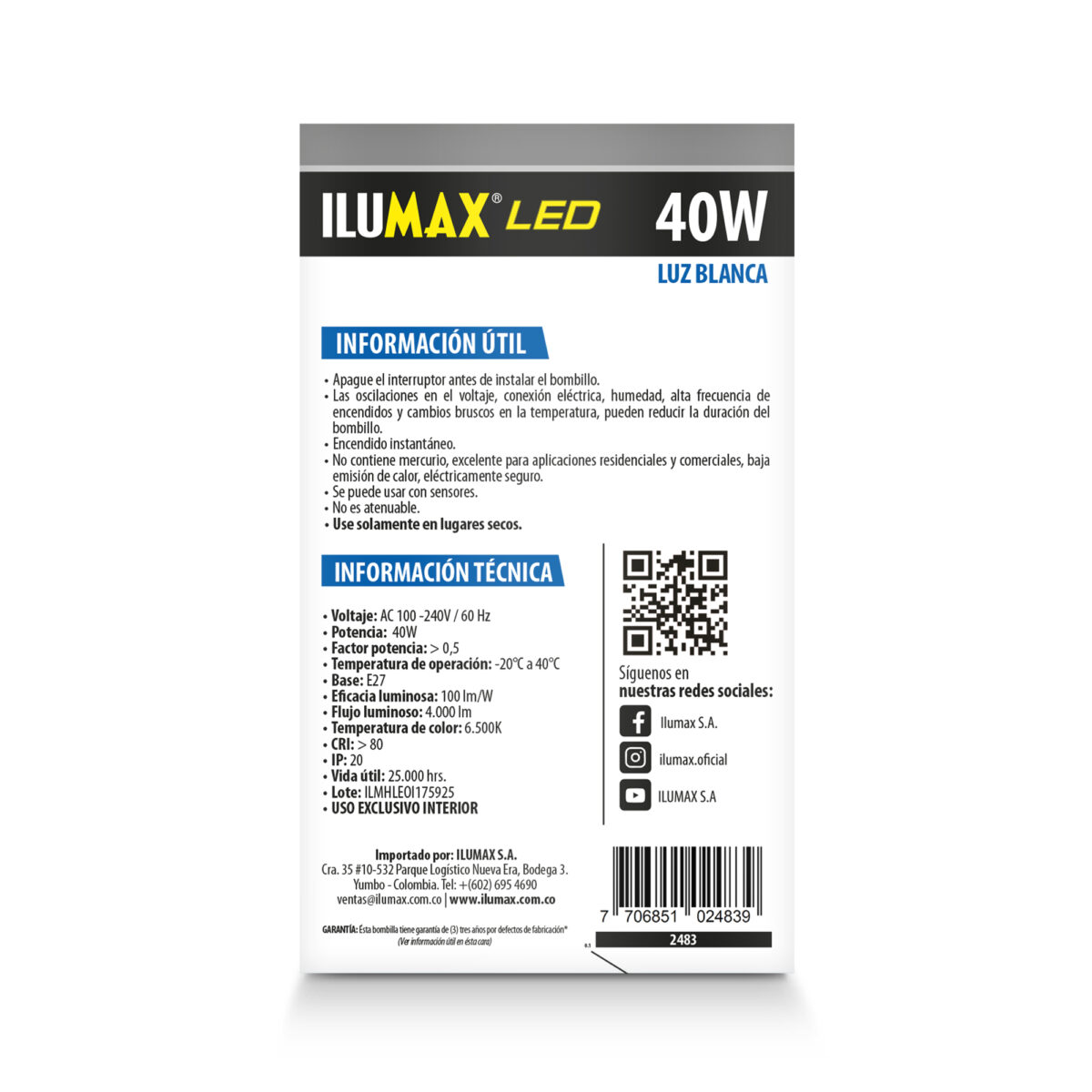 Bombillo  LED 40W Luz Blanca Rosca E27 - Imagen 3