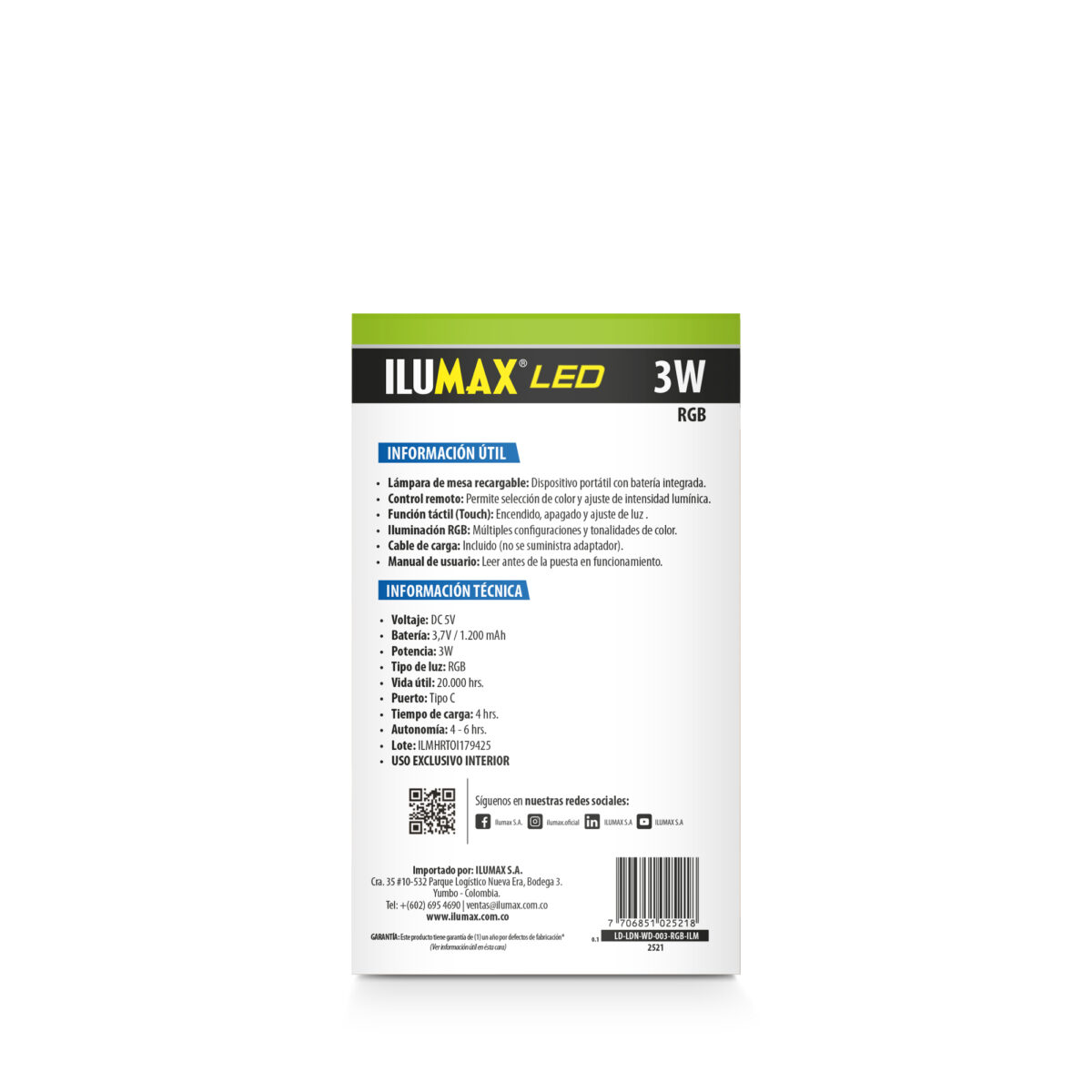 Lampara De Noche Recargable RGB 3W - Imagen 4
